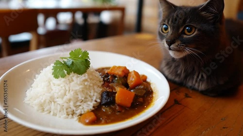 A curious cat closely watching a plate of rice and vegetable curry garnished with fresh cilantro, creating a cozy dining atmosphere. photo