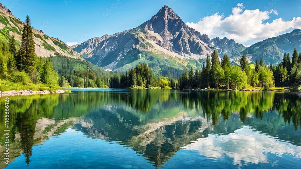 Mountain landscape with lake reflecting the surrounding peaks Mountain landscape with lake reflecting the surrounding peaks