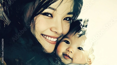 Portrait of a beautiful young mother with her child, showing off her glamorous style photo