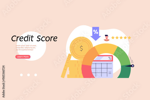 Person checking and improving a credit score report. Gauge scale rating. Concept of credit banking, loan rating, mortgage approval, payment history. Clients improve credit score. Vector illustration