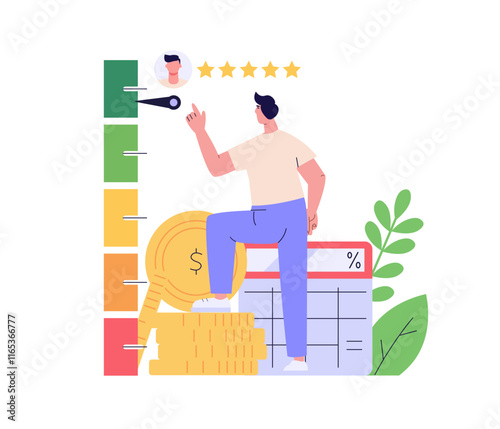 Person checking and improving a credit score report. Gauge scale rating. Concept of credit banking, loan rating, mortgage approval, payment history. Clients improve credit score. Vector illustration