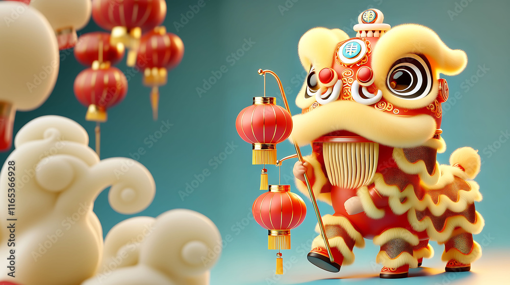 Naklejka premium Cute lion dance, 3d Chinese traditional lion dance performance, New Year 3d illustration, New Year, 2025 Year of the snake, Lunar New Year, New Year's Eve, New Year's Day2025年 正月 巳年
