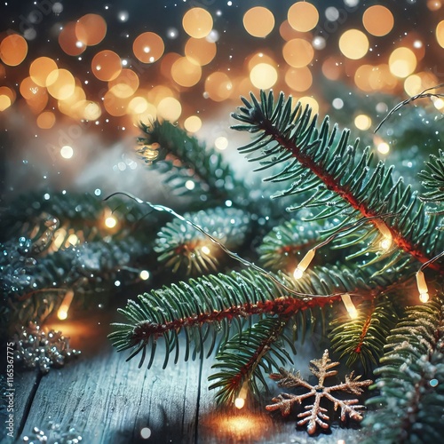 A decorated Christmas tree with lights, ornaments, and a star on top surrounded by festive decorations and gifts photo