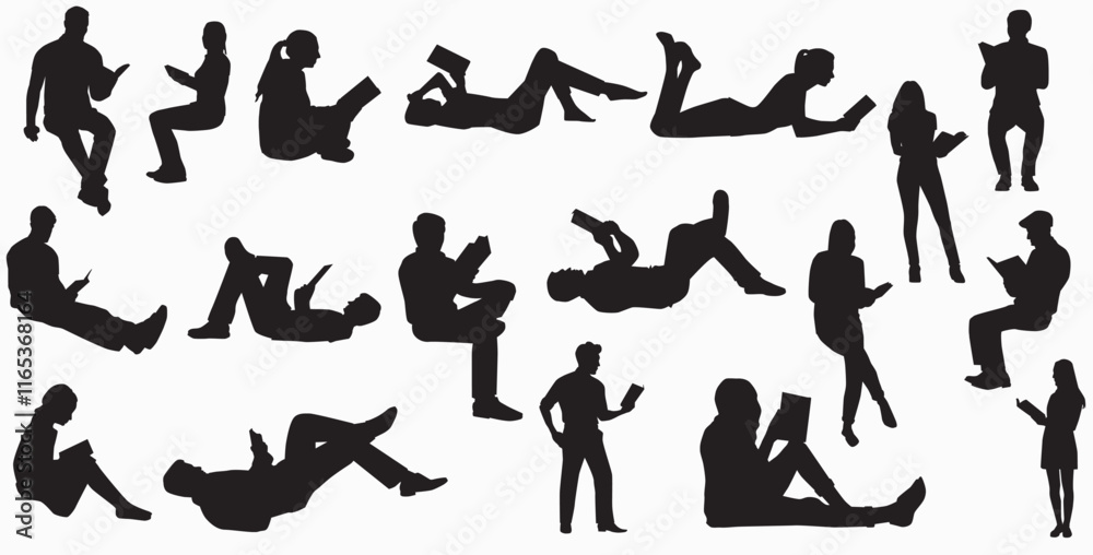 Silhouettes of people reading books, novel and magazine standing, sitting and lying vector illustration Silhouettes of people reading books, novel and magazine standing, sitting and lying vector illustration