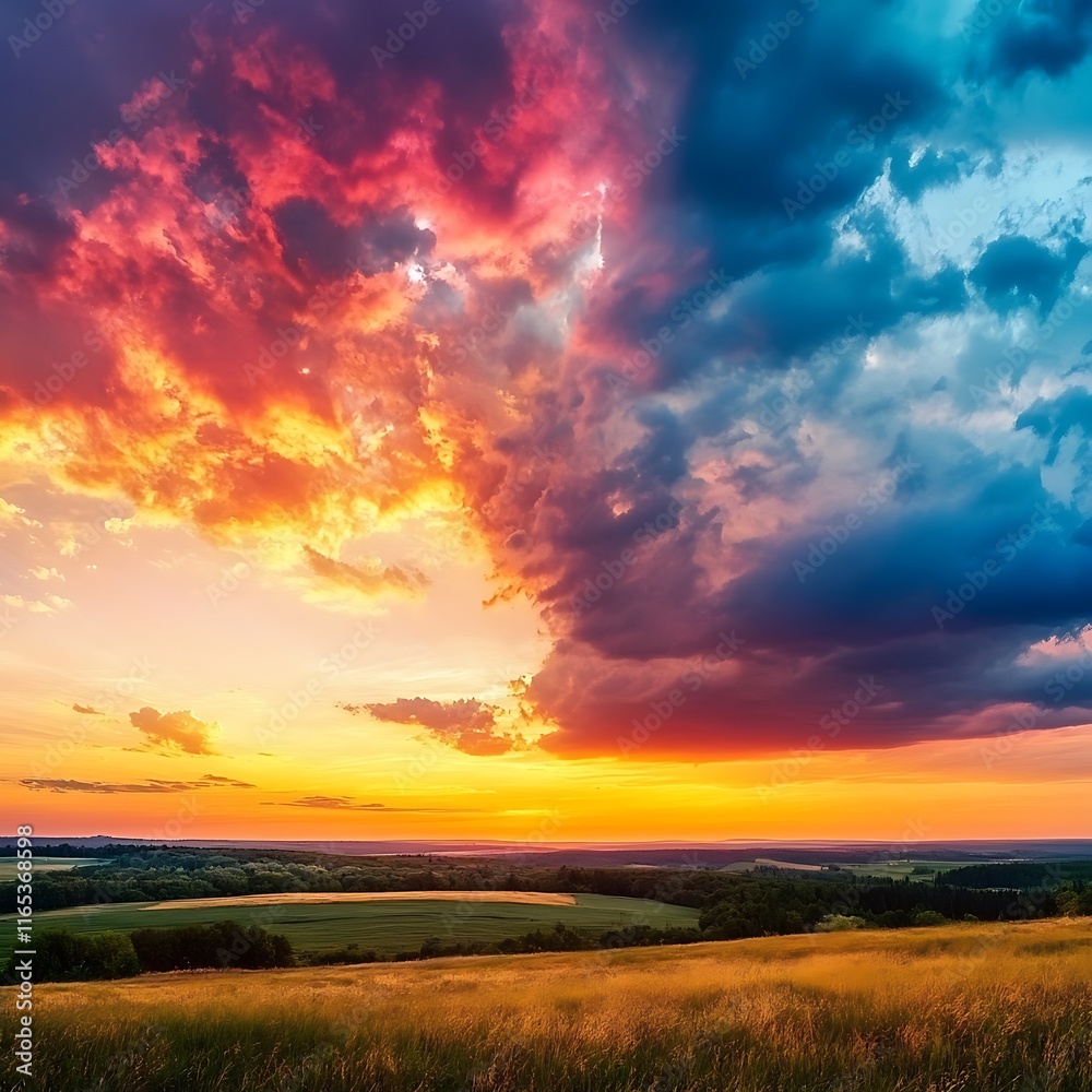 Fototapeta premium beautiful summer landscape with a dirt road and colorful flowers at sunset