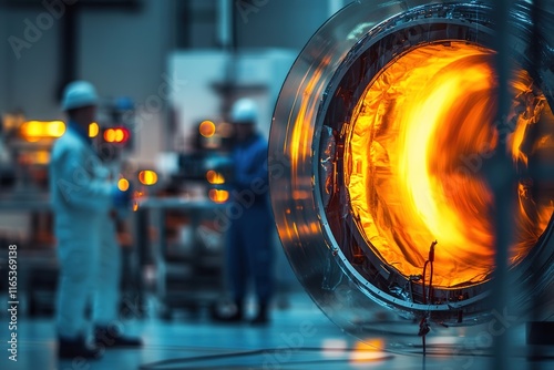 spacecraft heat shield being tested with blurred engineers and glowing testing equipment photo