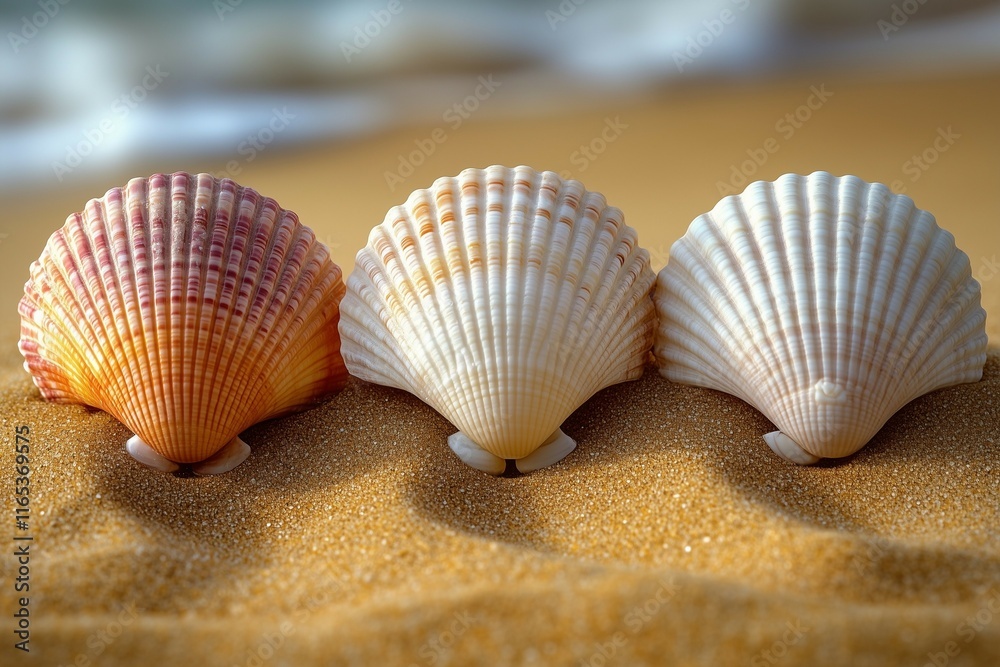 Beautiful seashells nestled in golden sand on a serene beach during a sunny day Beautiful seashells nestled in golden sand on a serene beach during a sunny day