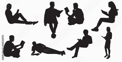Silhouettes of people with a book and reading vector silhouettes.