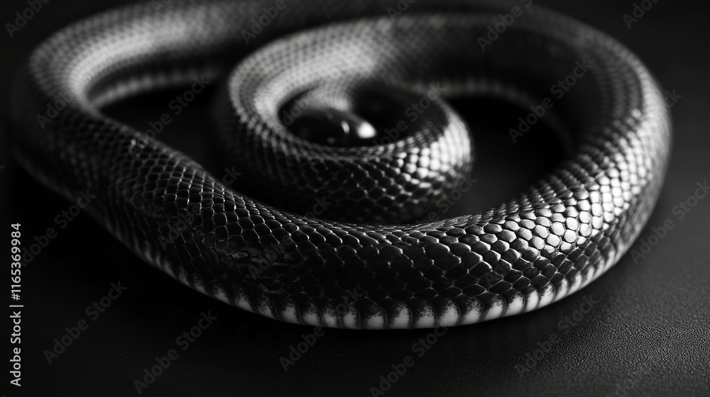 Fototapeta premium Serpentine Elegance: The Graceful Spiral of a Snake on a Black Surface