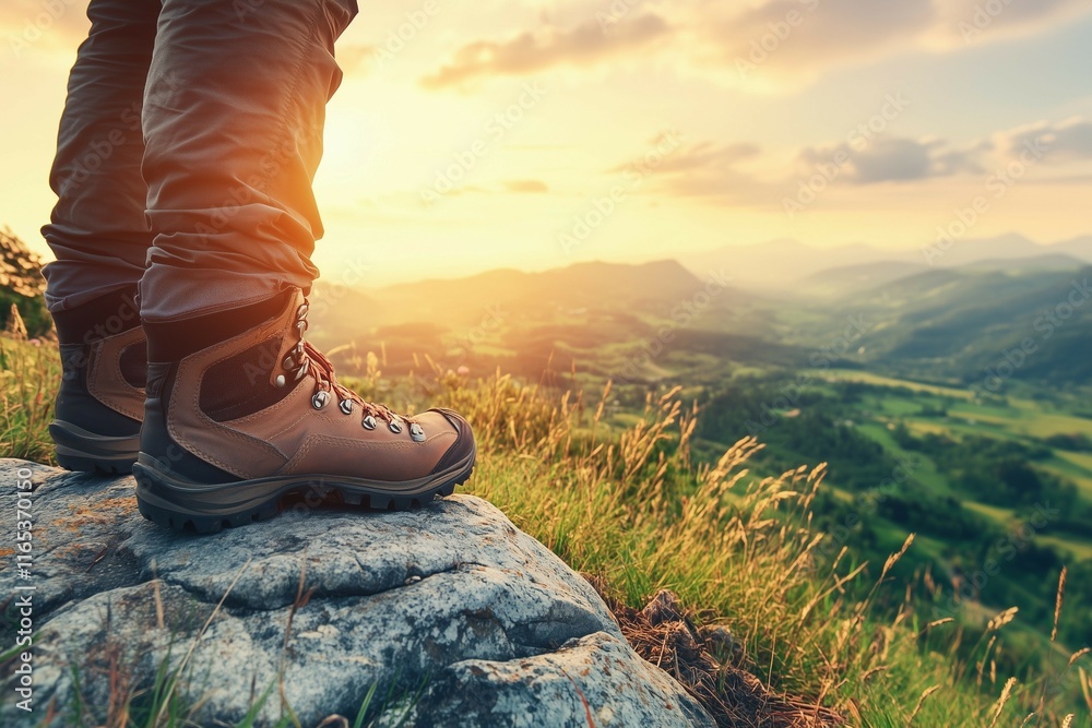 Hiker enjoys a breathtaking sunset view while trekking through lush mountains at dusk Hiker enjoys a breathtaking sunset view while trekking through lush mountains at dusk