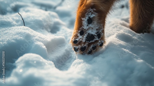 A close-up of a red foxa??s paw as it walks through the snow, leaving tracks in the untouched white surface. photo