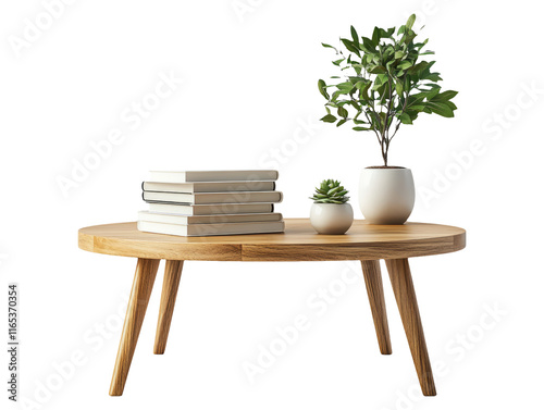 Minimalist Coffee Table with Books and Plant on Transparent Background