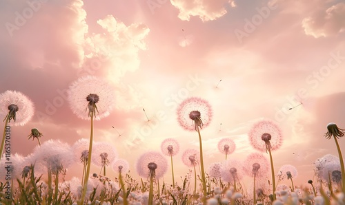 Pink and white dandelion meadow, Generative AI 