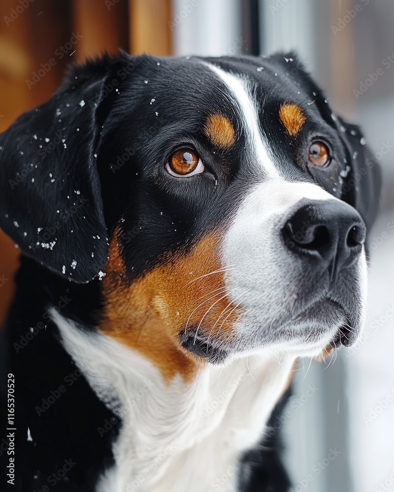 Entlebucher dog with black, brown, and white fur looks up with snow speckles on its fur.. Entlebucher dog with black, brown, and white fur looks up with snow speckles on its fur..