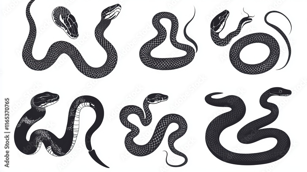 Snake Silhouette Collection: Isolated Designs on White Background Snake Silhouette Collection: Isolated Designs on White Background