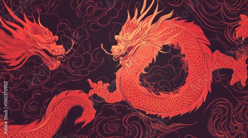 Crimson Dragons Dance: A Celestial Encounter in Mythical Clouds