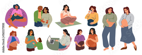 pregnant woman life mom belly expecting baby future mother family friend relaxing home working laptop happy pregnancy vector illustration background 