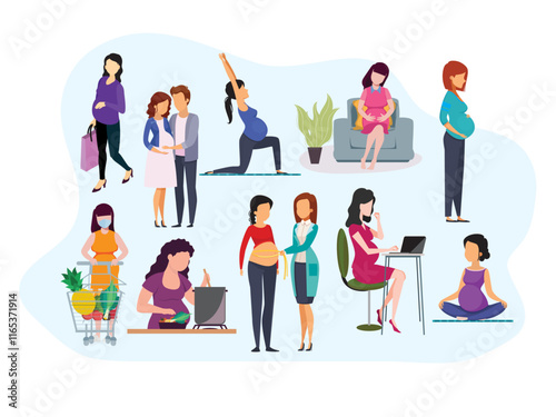 pregnant woman life mom belly expecting baby future mother family friend relaxing home working laptop happy pregnancy vector illustration background 