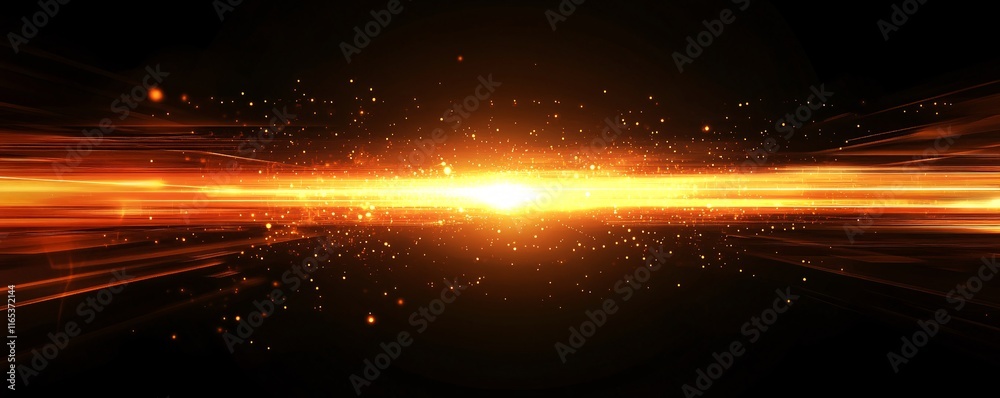 Obraz premium Golden light beam exploding on black background with glowing particles
