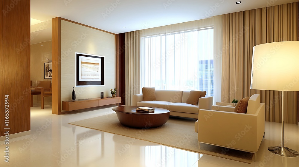 A Minimalist living room. A modern living room featuring a beige sofa, wooden accents, a round coffee table, and large windows allowing natural light. A Minimalist living room. A modern living room featuring a beige sofa, wooden accents, a round coffee table, and large windows allowing natural light.