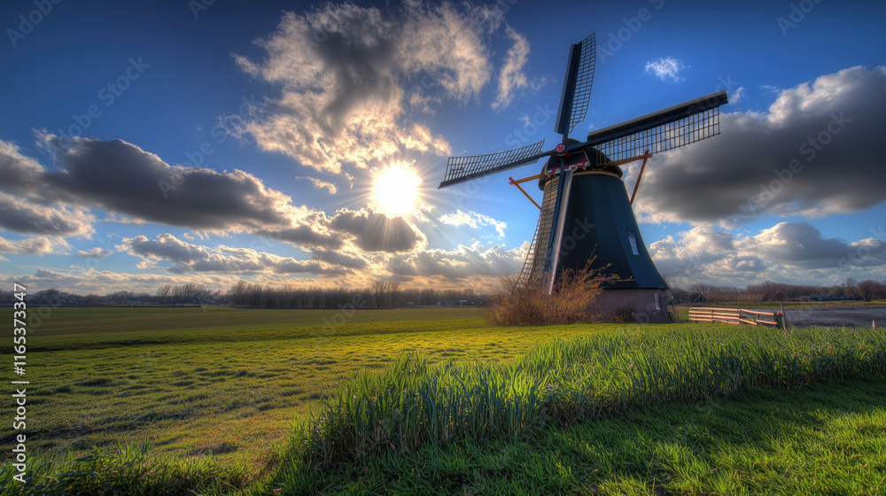 Traditional Windmill in Open Field with Green Grass, Blue Sky, and Sunlit White Clouds. Vibrant Colors and Wide-Angle Landscape Photography Symbolizing Dutch Culture and Countryside Tranquility Traditional Windmill in Open Field with Green Grass, Blue Sky, and Sunlit White Clouds. Vibrant Colors and Wide-Angle Landscape Photography Symbolizing Dutch Culture and Countryside Tranquility