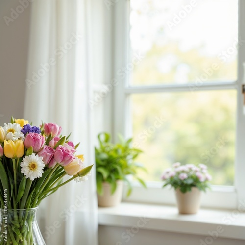 Bouquet of spring flowers on windowsill with bright room and tulle curtains background