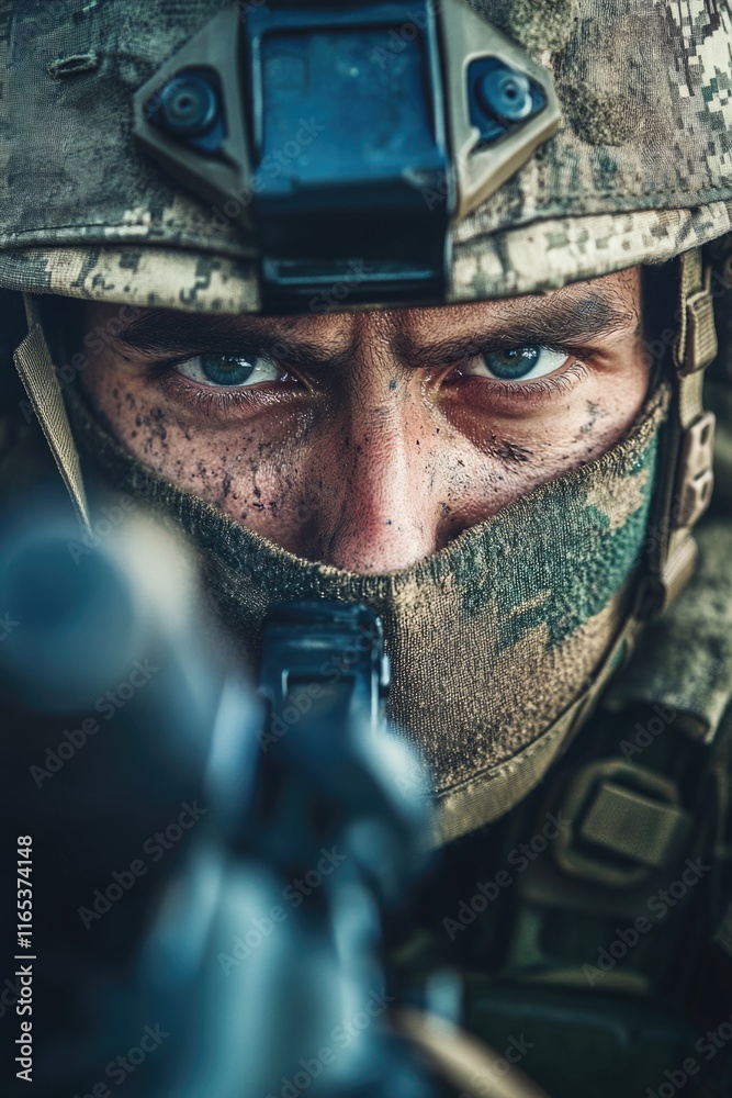 Fototapeta premium Person with Helmet and Gun Close Up