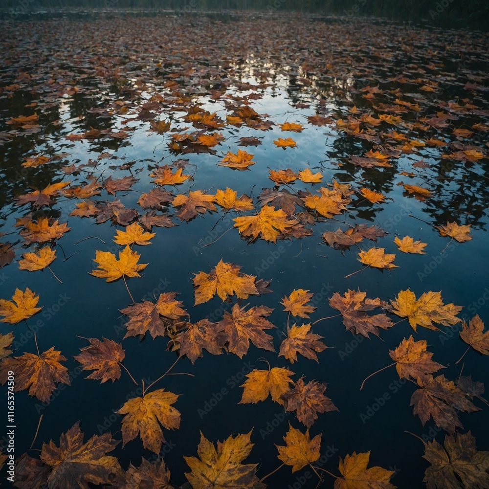 Leaves creating intricate patterns in the sky over a still lake. Leaves creating intricate patterns in the sky over a still lake.