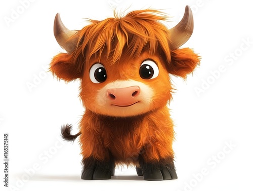 A Highland cow with shaggy hair and horns on a white background