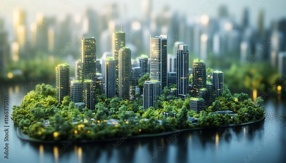 Fototapeta premium Advanced 3D render of a hightech, green energypowered city, with a focus on ESG principles for sustainable industry and generative AI solutions