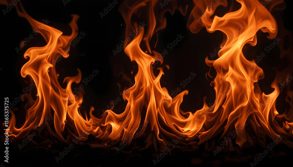Fototapeta premium Fire flames on black background, burning fire flame on black background