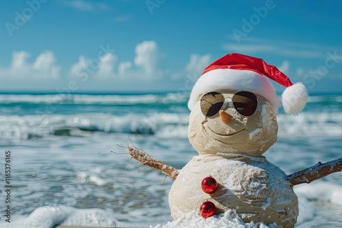  snowman in a Santa hat and cool sunglasses, chilling on a beach chair , celebrating a warm Christmas  photo