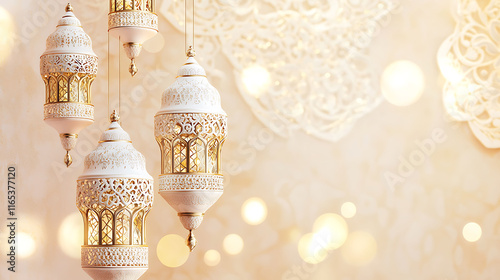 Luxurious Arabian background with ornate lanterns in white and gold, warm