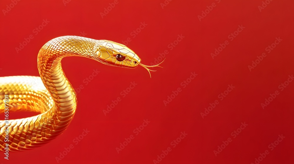 Long delicate golden snake on a red simple background, Generative AI Long delicate golden snake on a red simple background, Generative AI