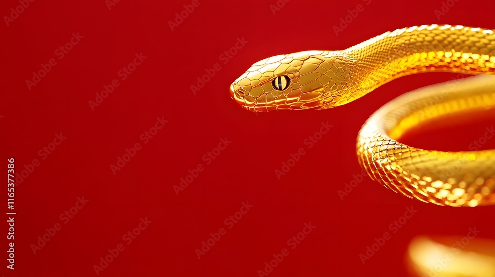 Long delicate golden snake on a red simple background, Generative AI Long delicate golden snake on a red simple background, Generative AI