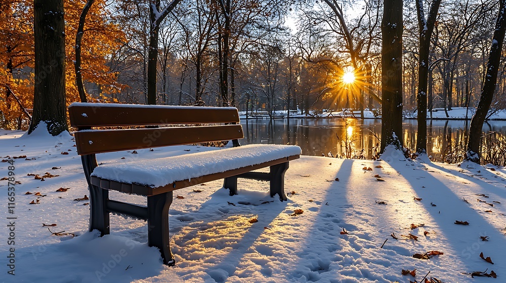 Snowy Park Bench Sunrise Winter Scene Snowy Park Bench Sunrise Winter Scene