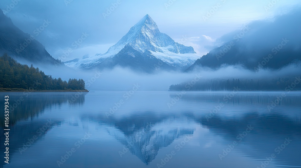 Snow-capped mountain peak reflected perfectly in still alpine lake at sunrise Snow-capped mountain peak reflected perfectly in still alpine lake at sunrise