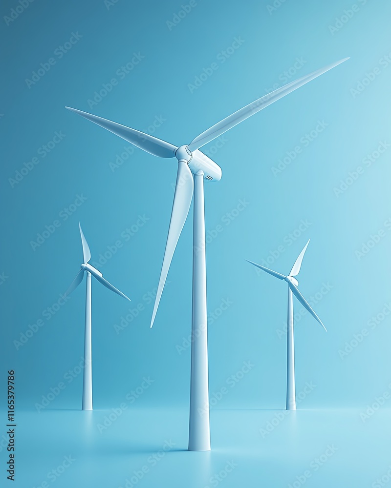 Photorealistic 3D render of wind turbines generating electricity on a gradient blue background with copy space, highlighting clean energy and saving the world Photorealistic 3D render of wind turbines generating electricity on a gradient blue background with copy space, highlighting clean energy and saving the world