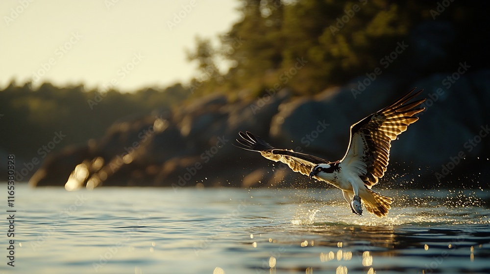 Osprey catching fish at sunset. Osprey catching fish at sunset.