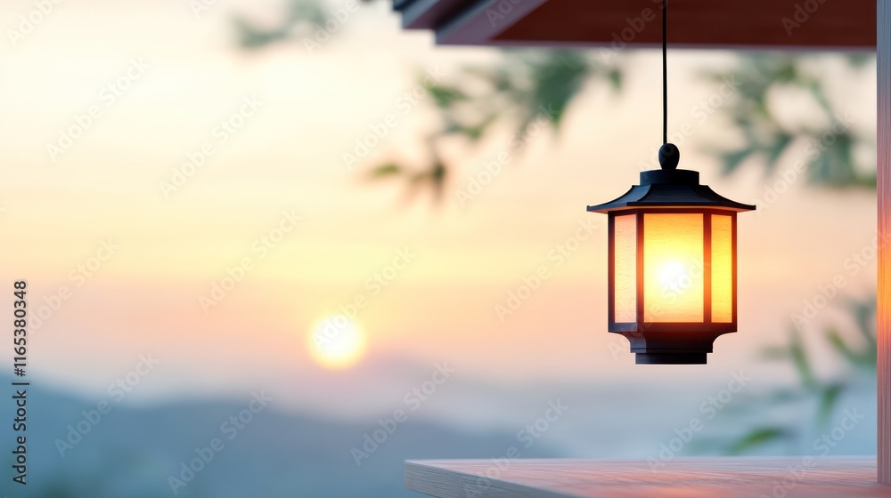 A lantern hanging by a scenic sunset view over mountains. A lantern hanging by a scenic sunset view over mountains.