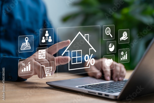 REIT, Real Estate Investment Trust Concept, Businessman use laptop Investment plan buy house, Location, Efficiency rating and property value, financial management, Investing for future profits