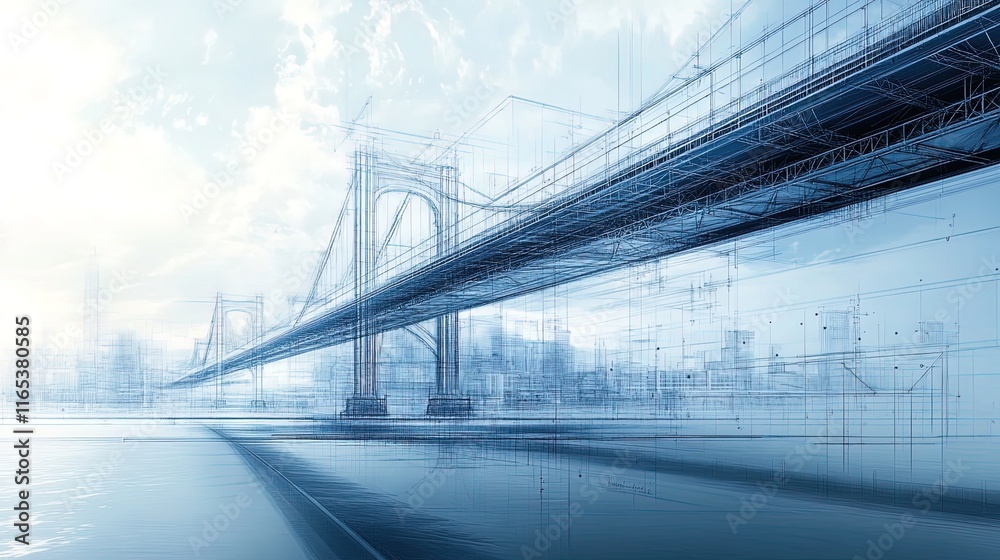 Obraz premium Detailed bridge blueprint with structural calculations, fine linework and technical precision