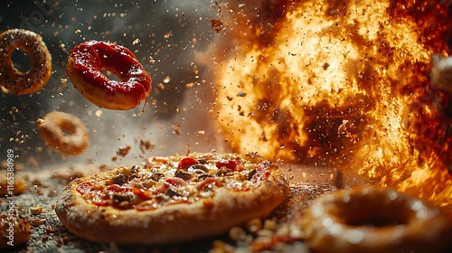 Pizza, donuts, and bagels explode in a fiery, dramatic scene. photo