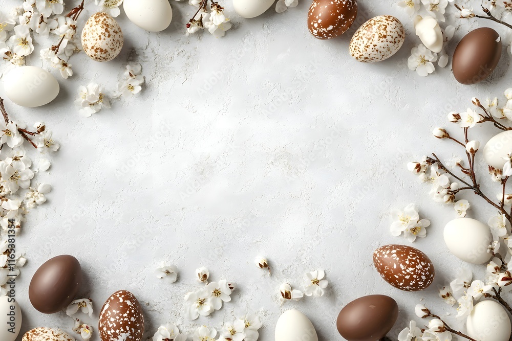 Easter border with robin's eggs and chocolate eggs with free space for text Easter border with robin's eggs and chocolate eggs with free space for text