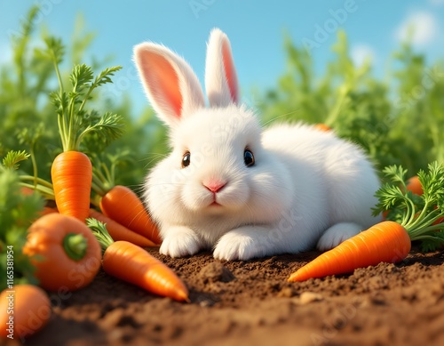 Adorable White Bunny Amidst Vibrant Carrots: A Sunny Springtime Scene photo