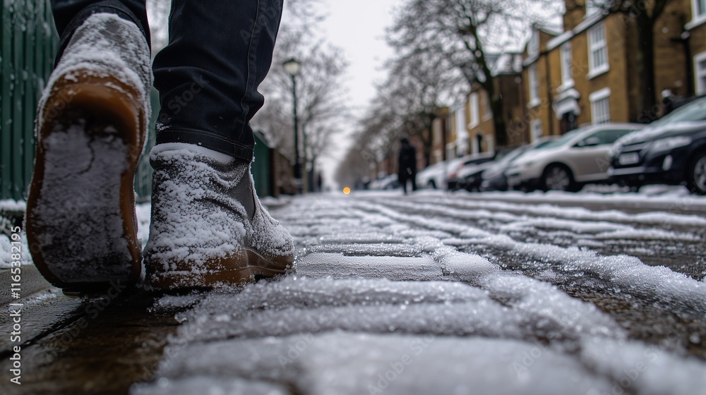 Close-up of snow-covered boots walking on a snowy urban street, emphasizing winter lifestyle. Close-up of snow-covered boots walking on a snowy urban street, emphasizing winter lifestyle.