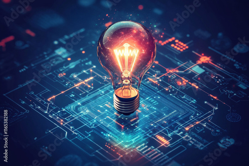 A glowing lightbulb illuminates a futuristic circuit board, symbolizing innovation, technology, and the power of ideas. Perfect for tech blogs, websites, and presentations related to AI, innovation photo