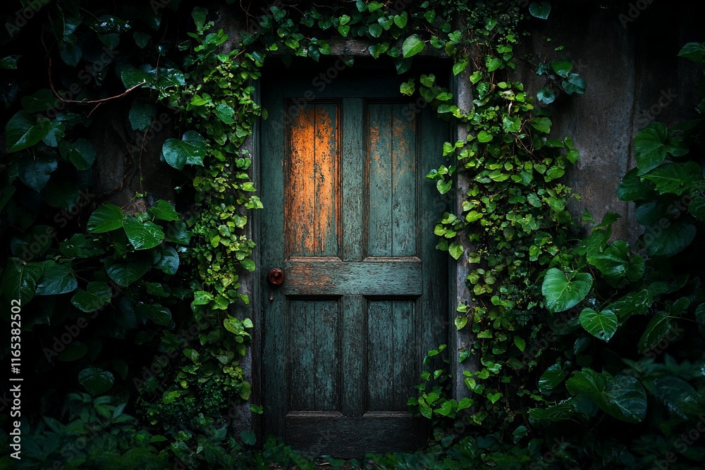 Overgrown rustic door with glowing light.