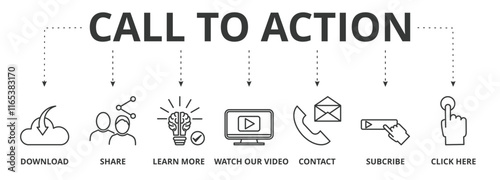 Call to action banner vector illustration concept with icon of download, share, learn more, watch our video, contact us, subscribe, and click here