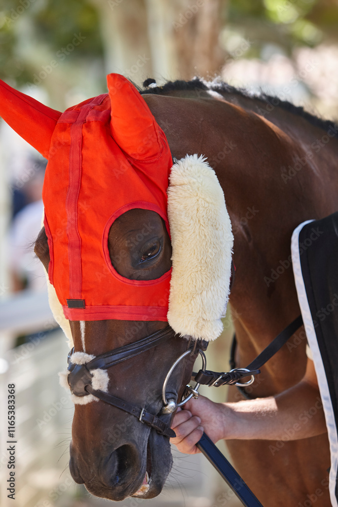 Race horse head detail. Purebred in the hippodrome. Turf